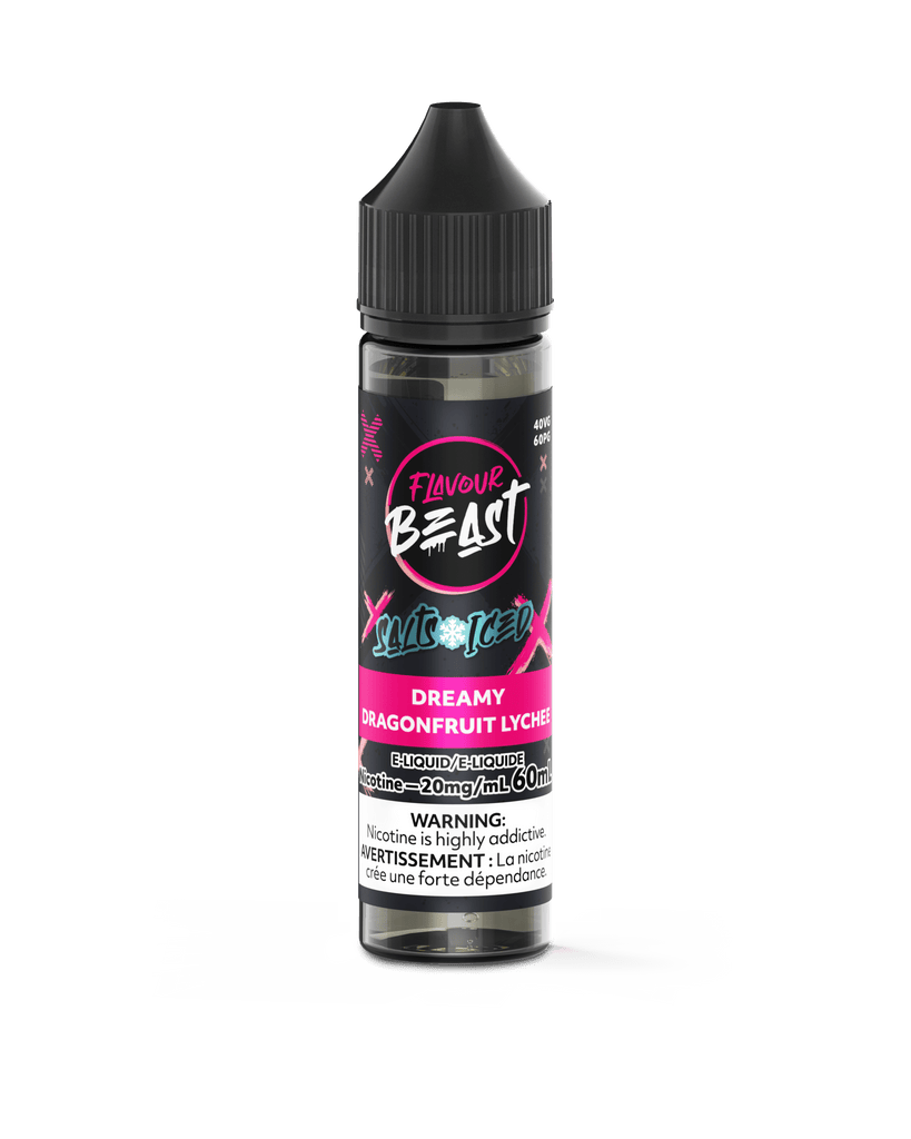 Flavour Beast Dreamy Dragonfruit Lychee Iced 60mL nicotine salt vape juice bottle with black cap on transparent background