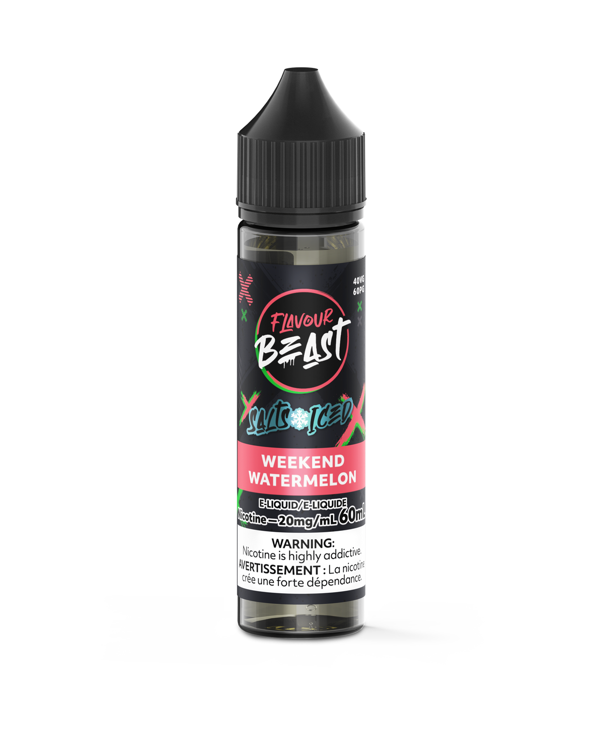 Flavour Beast Weekend Watermelon 60mL nicotine salt vape juice bottle with black cap on transparent background